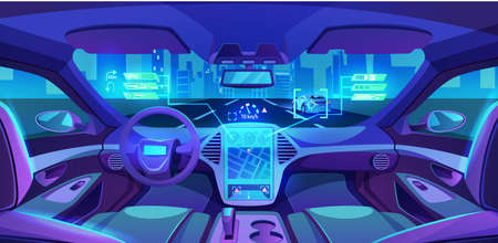 Autonomous vehicle of future interior, futuristic car interior design. Vector illustration, monitors and steering wheel, sensor with applications and navigations. Driverless function for driversのイラスト素材