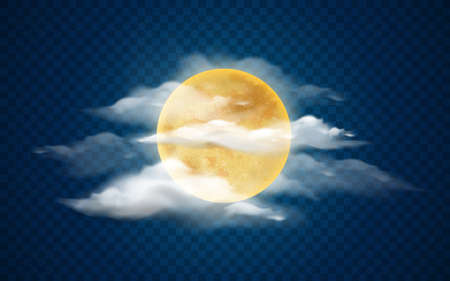 Cloudscape with full yellow moon glowing at dark sky. Vector flat cartoon with transparent background. Bright celestial body astronomy and astrology. Romantic and spooky landscape sceneryのイラスト素材
