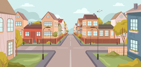 Small town or countryside street, suburban area with crossroads and rows of residential houses and building for living. Property and real estate for sale in city. Vector in flat styleのイラスト素材