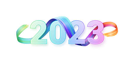 Happy New year 2023 transparent gradient glass numbers, blur, multicolor brush stroke, glassmorphism greeting card design element. Vector glossy garland, Christmas holiday celebrationのイラスト素材
