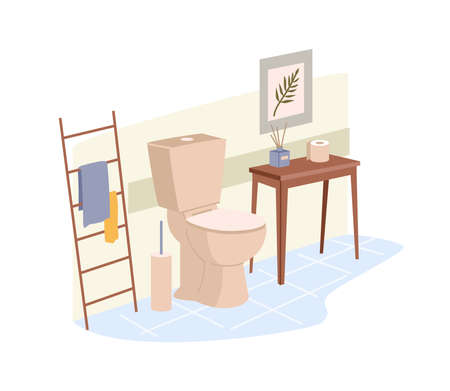 Toilet room interior design in flat cartoon style. Vector illustration of toilets and brushwork, rack in shape of ladder, towels and flavor sticks. Picture on wall, paper in WC room closetのイラスト素材