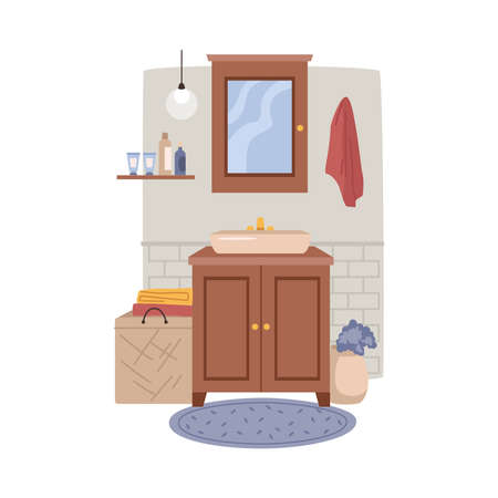 Sink basin and mirror bathroom interior furniture in flat cartoon design. Vector wash tap and shelf with face care products, towels and flower decoration, lamp and carpet. Modern closet illustrationのイラスト素材