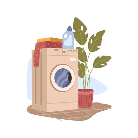 Flat cartoon laundry room interior with washing machine and plant in flower pot. Vector illustration of washer with cleaning liquid bottle, towels to wash. Modern bathroom equipment, applianceのイラスト素材