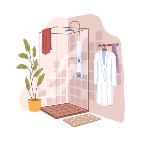 Glass shower cabin, flat cartoon bathroom interior design. Vector illustration of bath cabinet, white home gown on rack, plant in pot decoration, towel hanging on door, carpet on floorのイラスト素材