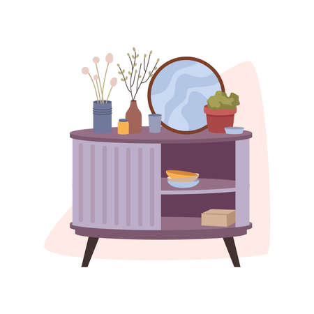 Mirror desk drawers in living room isolated bedroom, living room and hall exterior design element. Vector flat cartoon locker with mirror and vases with floral decoration, glasses and bowlsのイラスト素材