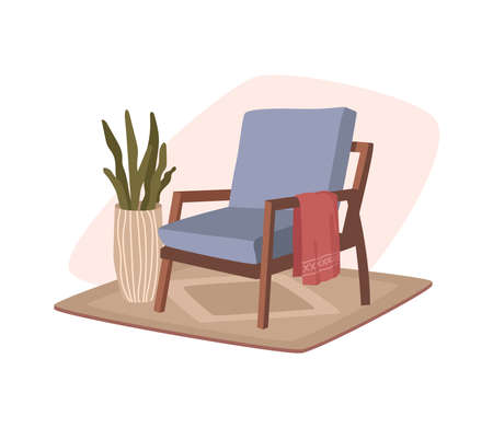 Cozy room interior in pastel color with armchair. Modern vintage armchair with plaid and green plant in vase. Chair isolated on white in flat cartoon style, living room, bedroom furniture elementsのイラスト素材