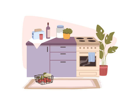 Interior of contemporary kitchen, counters and stove for cooking and preparing food and dishes. Furniture and accessories for styling home and dwelling. Vector in flat style illustrationのイラスト素材