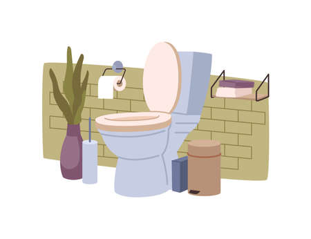 Toilet room interior design in flat cartoon style. Vector illustration of furnished home or hotel WC closet, paper and waist bin, cleaning brush and flowerpot with green leaf plant decorationのイラスト素材