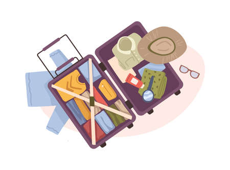 Luggage for traveling, isolated bag with personal belonging, clothing and accessories, cosmetics and hygiene lotions. Stuff for rest on vacation, packed baggage. Vector in flat styleのイラスト素材