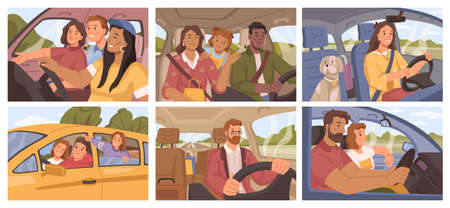 Friends and families driving car, journey or vacation, road trip with dog. Woman with pet going on holiday. Person in vehicle driving, vector illustration, flat cartoon drivers and passengersのイラスト素材
