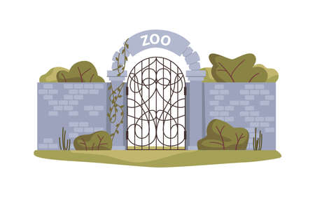 Entrance gate to zoo, nature reserve conservation of exotic flora and fauna. Wall of bricks, arch with metal doors leading to zoological garden. Flat cartoon, vector illustrationのイラスト素材