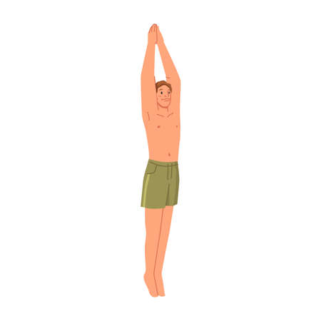 Young man in swimwear jumping into water isolated flat cartoon character. Person in swimming shorts on vacation day. Happy active guy having fun. Summer resort beach scene vectorのイラスト素材