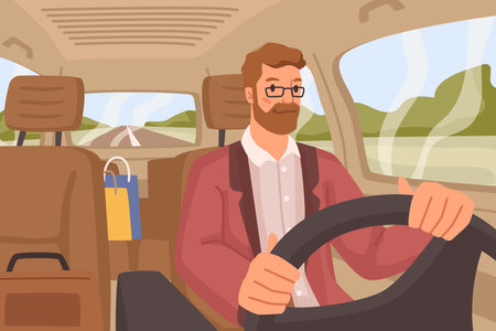 Male personage driving in car, serious man by steering wheel riding alone, shopping bags on back seat. Road trip, vacation or holidays destination. Spending weekends traveling. Vector flat cartoonのイラスト素材