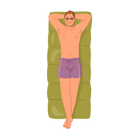 Handsome man summer relax tan sunbathing on towel or inflatable swimming mat sunbathing on sun. Top view of young man in shorts and glasses relaxing at beachのイラスト素材
