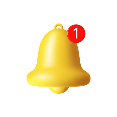 Notification ringing bell, social media reminder with new one message sign. Vector illustration of yellow bell realistic notice event sign, attention or alarm symbol in smartphoneのイラスト素材
