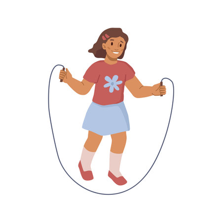 Young smiling girl jumping on rope isolated flat cartoon character. Vector happy kindergarten female skipping on rope, outdoors sport activity. Cheerful little lady hopsのイラスト素材