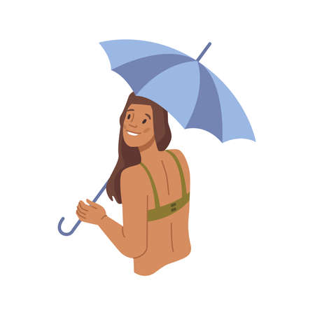 Female personage hiding under parasol, protecting skin from sunshine. Isolated woman wearing swimming suit, tanning and precautions on beach. Flat cartoon character, vector illustrationのイラスト素材