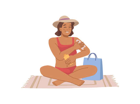 Lady by seaside or beach protecting skin from ultraviolet sun rays. Woman using sunscreen or sunblock, lotion with SPF. Flat cartoon character, vector illustrationのイラスト素材