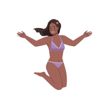 Smiling afro american woman jumping in swimwear, isolated flat cartoon character. Summer resort beach scene vector female in swimsuit having fun. Happy young woman on vacation dayのイラスト素材