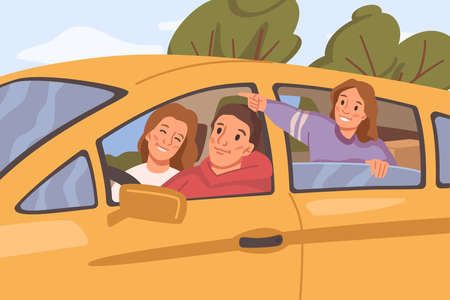 Road trip of family of parents and daughter. People drive car, holidays and relax on weekends. Mom and dad with child journey adventure in van transport. Vector illustration, flat cartoonのイラスト素材