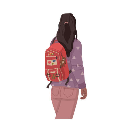 Highschool woman student with backpack, back view of woman from college or university. Vector brunette fashion lady with knapsack, girl traveler rear viewのイラスト素材