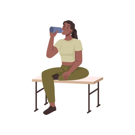 Female personage resting after exercises, doing sports and working out. Isolated woman drinking water sitting on bench and stretching. Flat cartoon character, vector illustrationのイラスト素材