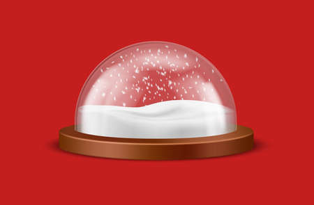 Glass sphere, decorative round Xmas toy, transparent glass dome with snow inside. Vector illustration of snow ball, realistic Christmas snow globe, 3D New Year souvenir with white snowflakesのイラスト素材