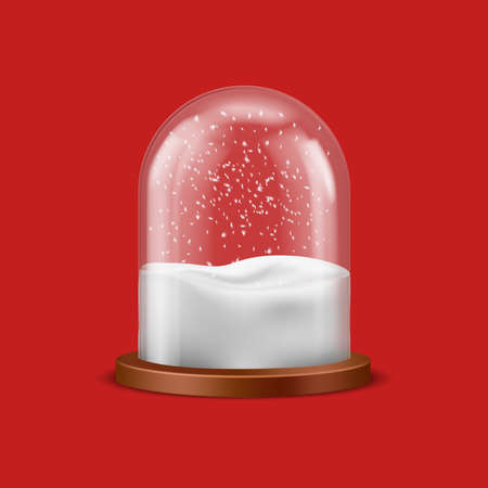 Christmas snow ball, glass spherical cylinder, decorative round Xmas toy with snowflakes inside. Vector illustration of 3D realistic transparent dome, New Year holidays decorationのイラスト素材