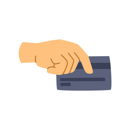 Hand holding credit card, paying giving money on virtual account. Finance and banking transaction and economic operation, purchasing and buying. Flat cartoon, vector in flat styleのイラスト素材