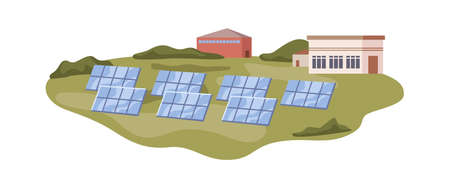 Solar panels power station, green landscape and houses, industrial plant. Vector flat cartoon illustration of eco farm with photovoltaic batteries, clean environment conceptのイラスト素材