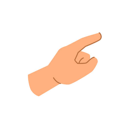 Hand gesture with forefinger index finger pointing or showing direction. Choose or directing attention, non verbal communication. Flat cartoon, vector in flat styleのイラスト素材