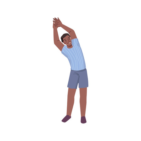 Young man doing bends with hand up. Vector father do gymnastics, sport activities, male flat cartoon character isolated on white, guy training in gymのイラスト素材