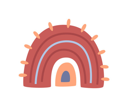 Rainbow cartoon, childlike drawing. Vector in flat style, heart and flower in blossom, blooming and flourishing of plant, bright sun and rain, rainy weatherのイラスト素材