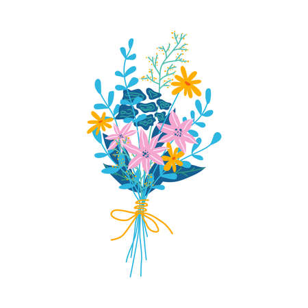 Floral composition in bouquet, isolated flowers in blossom. Botany and decoration. Decorative botany, flora and branches with petals and leaves, vector in flat cartoon styleのイラスト素材