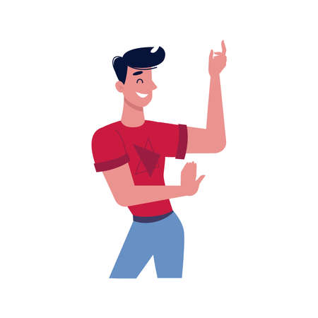 People dance at party or happy flat person at disco. Discotheque man dancer. Young teen at nightclub or concert. Nightlife activityのイラスト素材