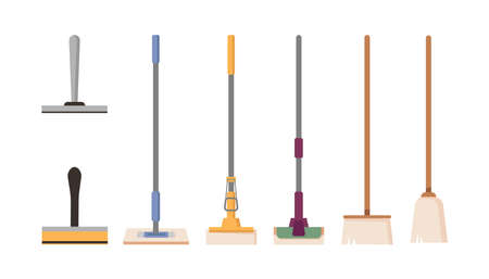 Mops and brushes variety and types. Isolated cleaning equipment for home or office. Hand scrubs and swabber for tidying up floor and surface. Vector in flat styleのイラスト素材