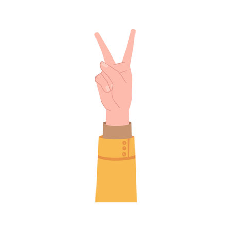 Victory or peace sign hand gesture, two fingers showing v flat cartoon vector illustration. Nonverbal body language communication sign, caucasian arm gesturing showing 2, count signalのイラスト素材