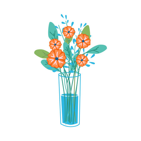 Floral composition in bouquet, flowers in blossoms in decorative water cans, glasses. 8 March and birthday gifts, decorations. Spring and summer blooming plantsのイラスト素材