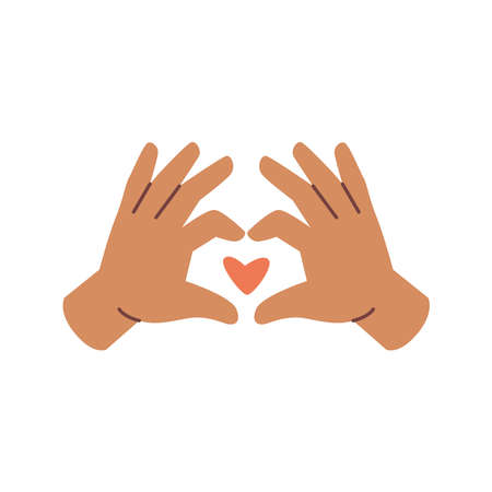 Hand gesture forming heart, symbol of love and affection. Isolated palms and fingers making shape of heart. Non verbal communication. Flat cartoon, vector in flat styleのイラスト素材