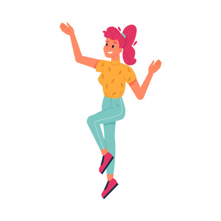 Happy person jumping, smiling in joy and fun with hands up, vector flat illustration. Young girl or woman guys jump up, freedom enjoy, friendship celebration, success and joy happinessのイラスト素材