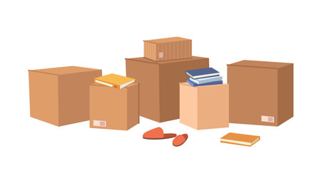 Packed cardboard boxes with personal stuff, plants, home decoration and furniture isolated flat cartoon of pack with things. Vector relocation or moving in home or office, belongings in packagesのイラスト素材