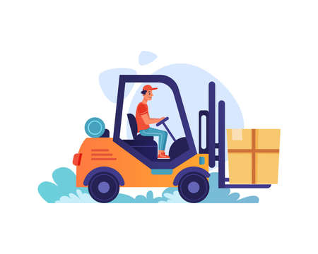 Deliveryman on cargo loader loading parcel box for shipping and distribution. Courier on shipment service, transportation and logistic of parcels. Vector flat cartoon illustrationのイラスト素材