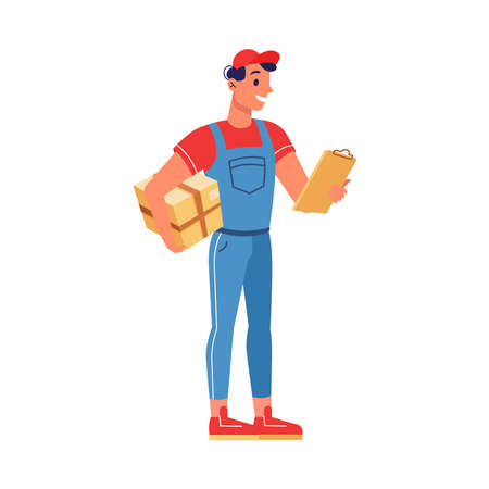Mailman deliver parcel box on address, check list for signature in hands. Deliveryman job occupation, speed deliver to home door. Vector flat cartoon illustrationのイラスト素材