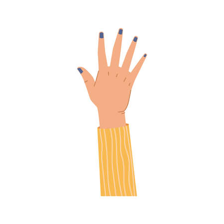 Forbidden or stop gesture by female hand, refuse or ban signal, caucasian girl palm with blue nails. Vector high five hand gesture, saying hello on body languageのイラスト素材