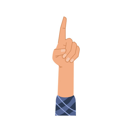 One finger up hand gesture isolated human palm with pointing forefinger. Vector counting first sign, body language communication gesture, caucasian man or woman hand show number 1のイラスト素材
