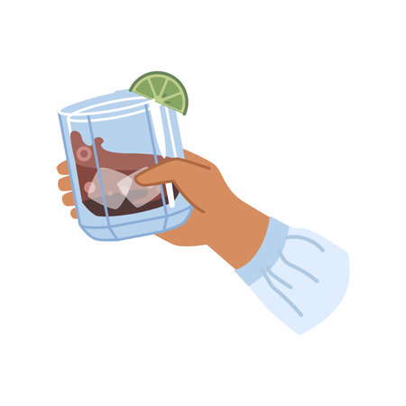 Glass of alcohol drink with ice cubes in hand isolated flat cartoon vector illustration. Irish bourbon whiskey in bartender hand, rum with slice of lime, cocktail with cola and brandyのイラスト素材