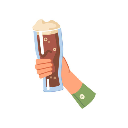 Glass of dark beer in caucasian man or woman hand isolated flat cartoon vector.のイラスト素材