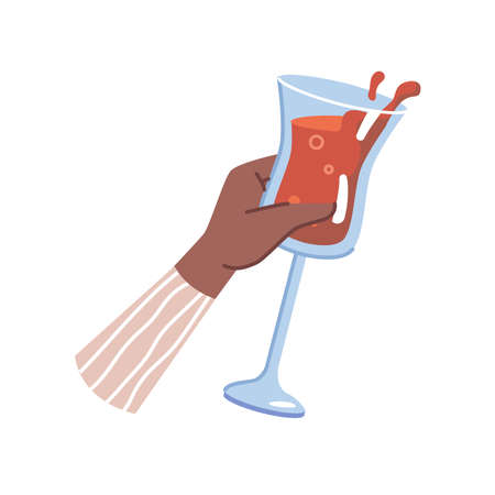 Hand cheers with glass of red wine or champagne. Sommelier or bartender tasting winery product, toast at party celebration. Winery beverage merlot or champagne romantic drinkのイラスト素材