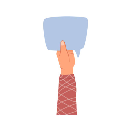 People expressing different thoughts and opinions by raising placard, banner and thought bubble card. International character, hand showing blank paper. Vector in flat style illustrationのイラスト素材