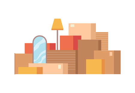 Packed cardboard boxes with personal stuff, plants, home decoration and furniture isolated flat cartoon of pack with things. Vector relocation or moving in home or office, belongings in packagesのイラスト素材